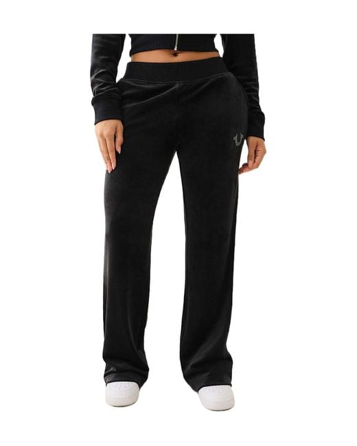 True Religion Black Velour Crystal Horseshoe Straight Leg Pant