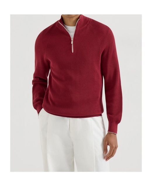 Brunello Cucinelli Red Rib Half Zip Jumper for men