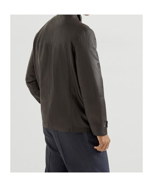Brunello Cucinelli Black Pocket Calf Leather Jacket for men