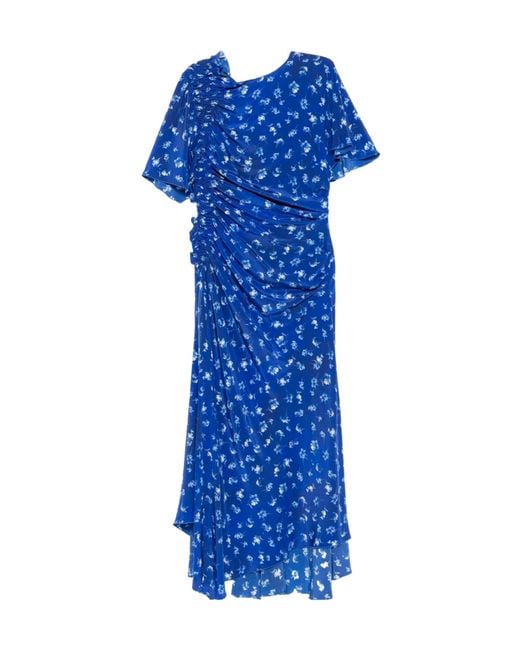 Victoria Beckham Blue Floral-Print Smocked Asymmetric Dress