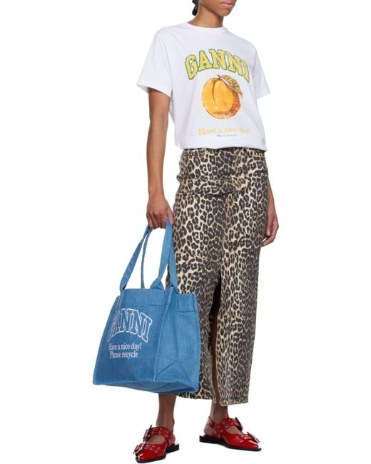 Ganni Blue Logo Embroidered Denim Tote Bag