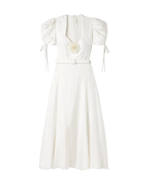 Rodarte White Appliquéd Belted Silk-Twill Midi Dress