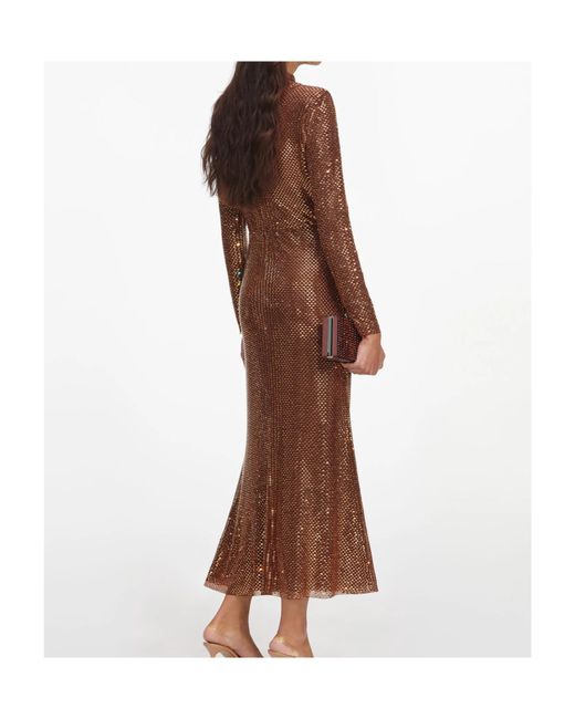 Self-Portrait Brown Rhinestone-Embellished Long-Sleeve Midi Dress