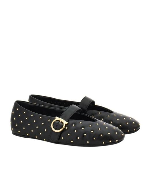 Ferragamo Black Studded Gancini Buckle Ballet Flat
