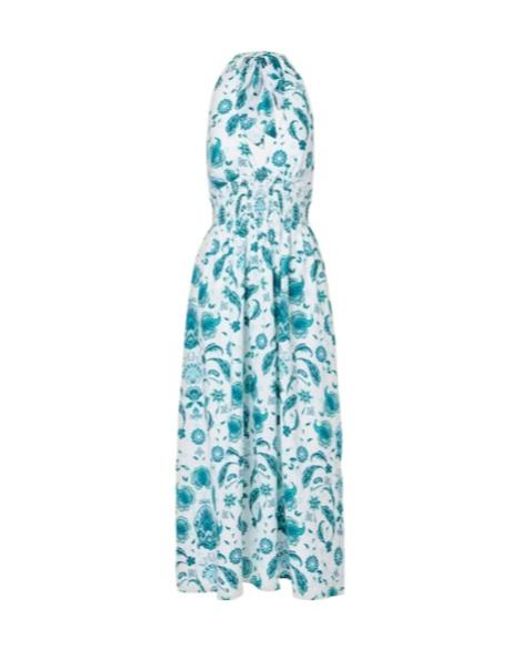 Heidi Klein Blue Kos Paisley Shirred Linen Maxi Dress