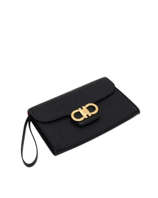 Ferragamo Black Double Gancini Clutch Bag