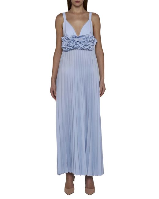 P.A.R.O.S.H. Blue Floral-Appliqué Pleated Gown