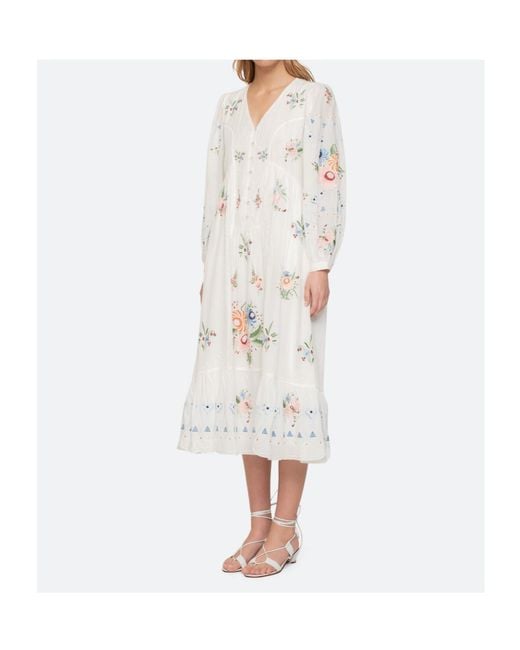 Sea White Serafina Floral-Embroidered Ruffled Midi Dress