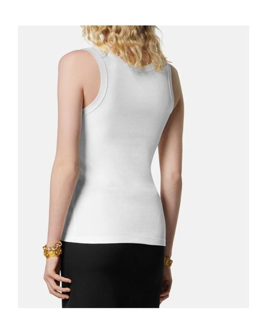 Versace White Logo Detailed Ribbed Sleeveless Top