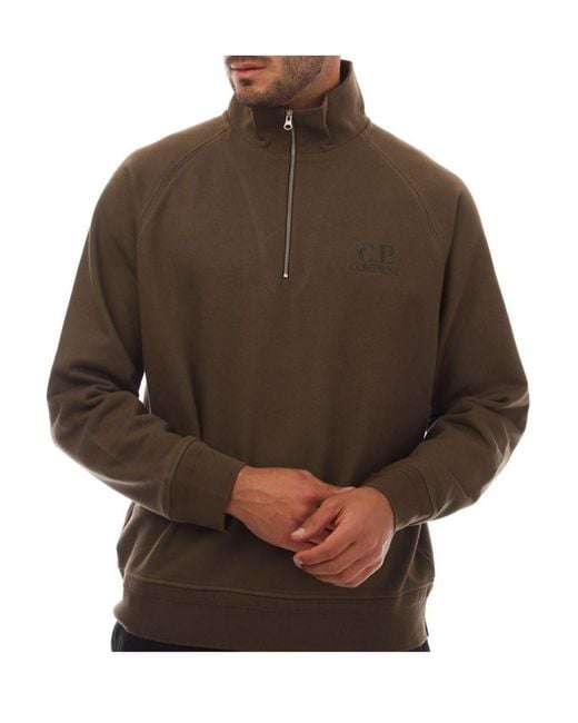 C P Company Brown Diagonal Raised Fleece Half-Zip Logo Sweatshirt for men