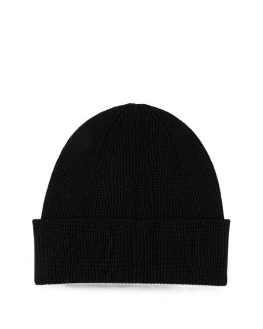C P Company Black Logo-Patch Ribbed-Knit Beanie Hat for men