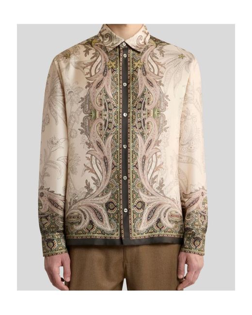 Etro Brown Silk Twill Shirt With Placed Pegaso Print for men