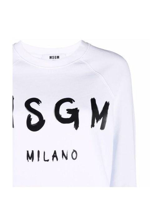 MSGM White Logo Printed Crewneck Sweatshirt