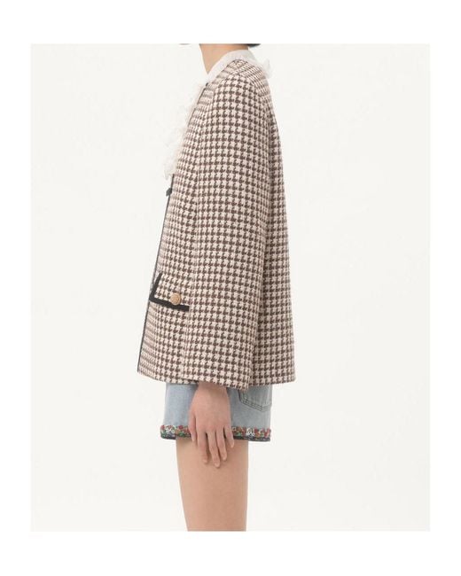 Valentino Natural Houndstooth V-Neck Tweed Jacket