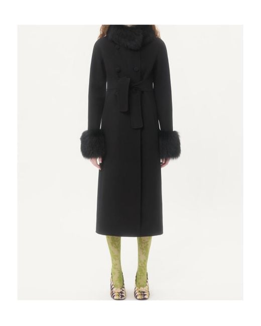 Valentino Black Faux Fur-Trimmed Double-Breasted Coat