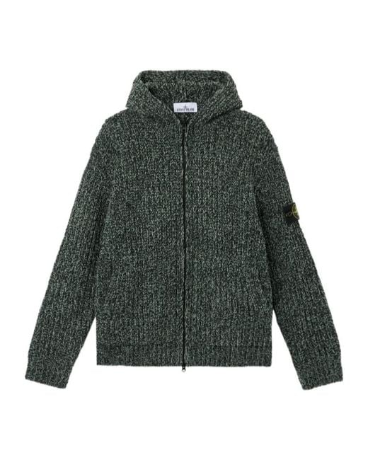 Stone Island Green Loose-Fitting Hooded Zip-Up Knit Sweater With Pockets for men