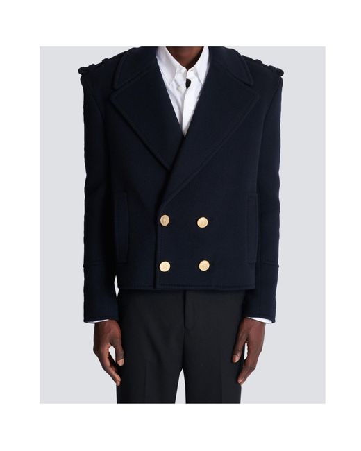 Balmain Blue Cropped Reefer Jacket for men