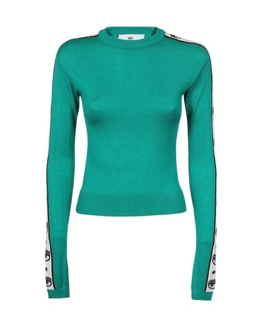 Chiara Ferragni Green Long-Sleeved Crewneck Knitted Jumper