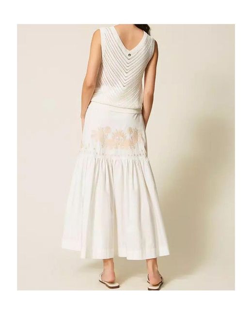 Twinset White Floral-Embroidered Tiered Skirt