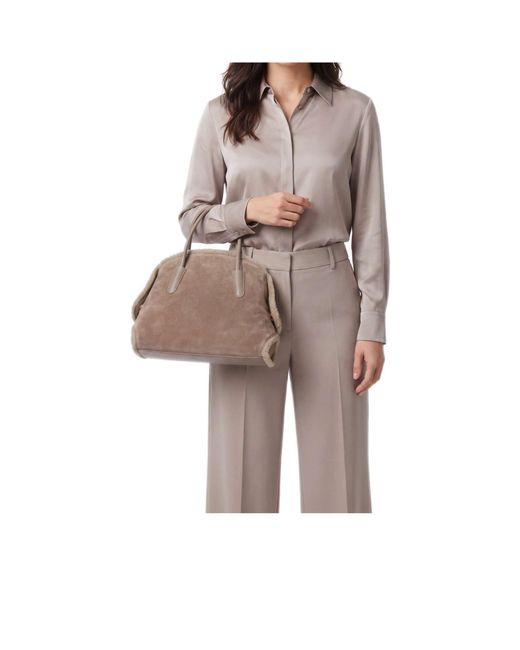 Coccinelle Natural Shearling-Trim Suede Shoulder Bag