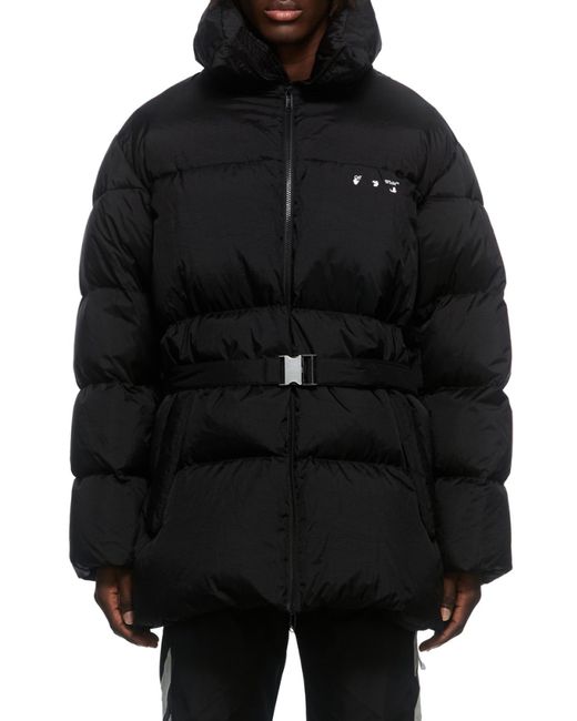 Off-White c/o Virgil Abloh Black Logo Printed Belted Puffer Jacket for men