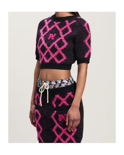 Palm Angels Red Monogram Argyle-Pattern Crop Top