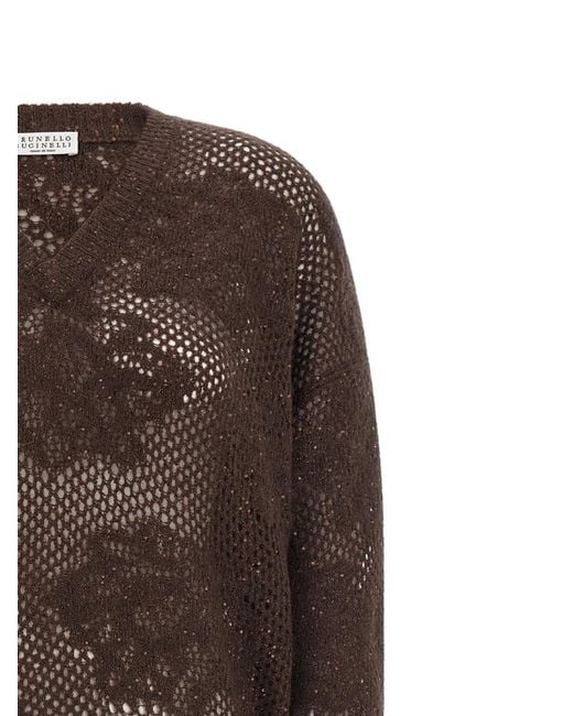 Brunello Cucinelli Brown 'Flower Lace' Sweater