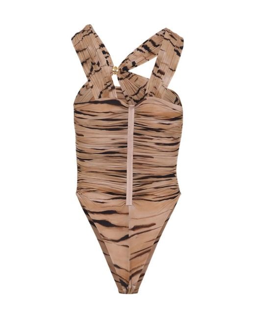 Elisabetta Franchi Multicolor Tiger Printed Ruched Bodysuit