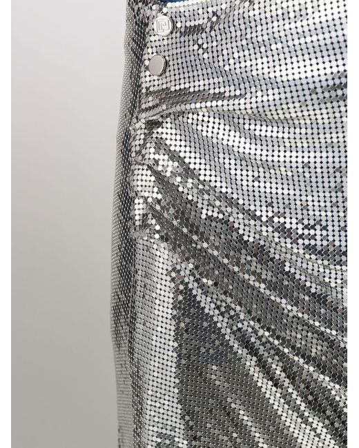 Rabanne Gray Asymmetric Metallic Ruched Midi Skirt