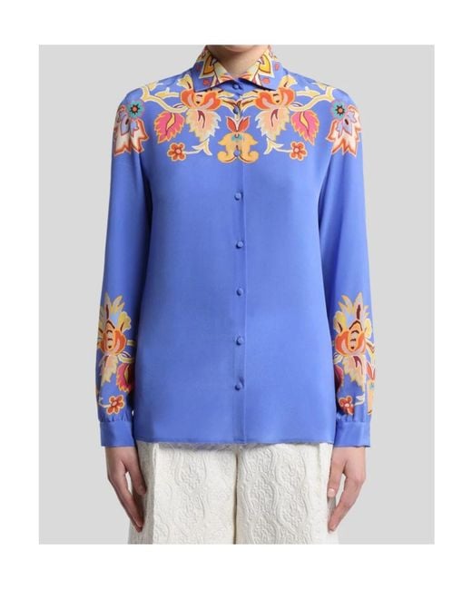 Etro Blue Printed Crepe De Chine Shirt