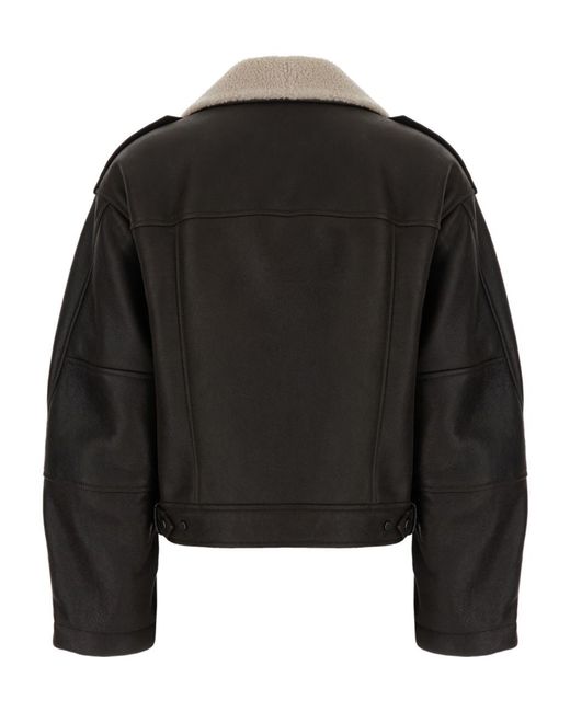 Brunello Cucinelli Black Shearling-Collar Cropped Biker Jacket