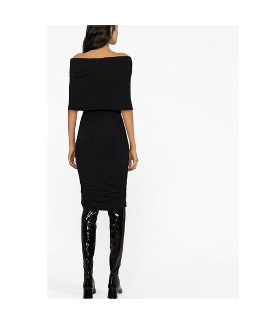 Khaite Black Over-The-Shoulder Ruched Midi Dress
