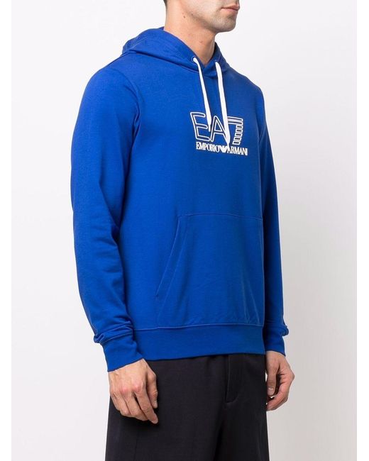 EA7 Blue Logo-Print Rib-Trimmed Hoodie for men