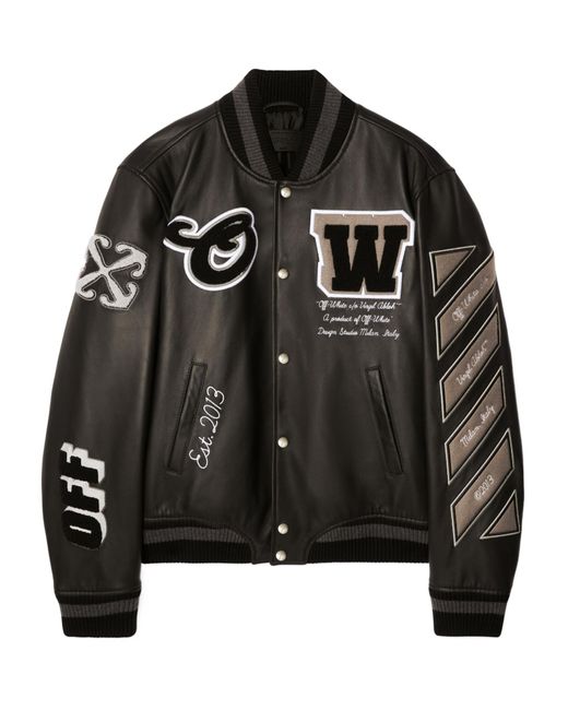 Off-White c/o Virgil Abloh Black Leather Varsity Jacket for men