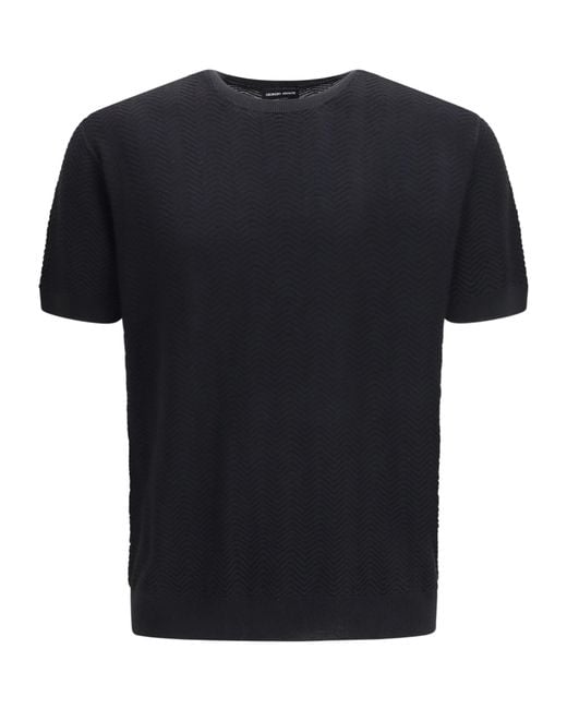 Giorgio Armani Black Textured Knit Short-Sleeve Sweater for men