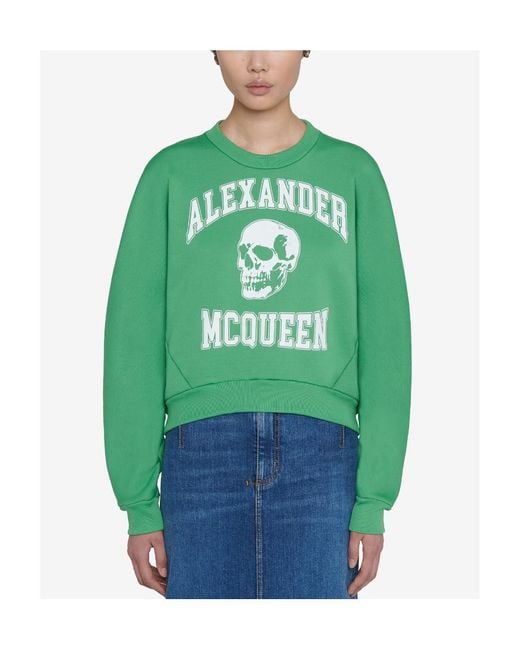 McQueen Green Varsiity Skull Printed Crewneck Sweatshirt