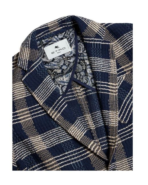 Etro Blue Check-Pattern Knit Blazer for men