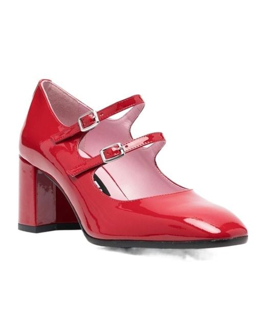 CAREL PARIS Red Double-Strap Patent Leather Mid-Heels