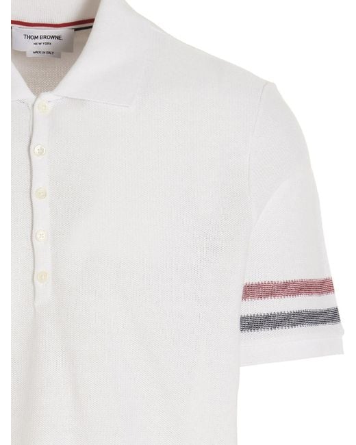 Thom Browne White Logo Patch Striped Polo Shirt for men