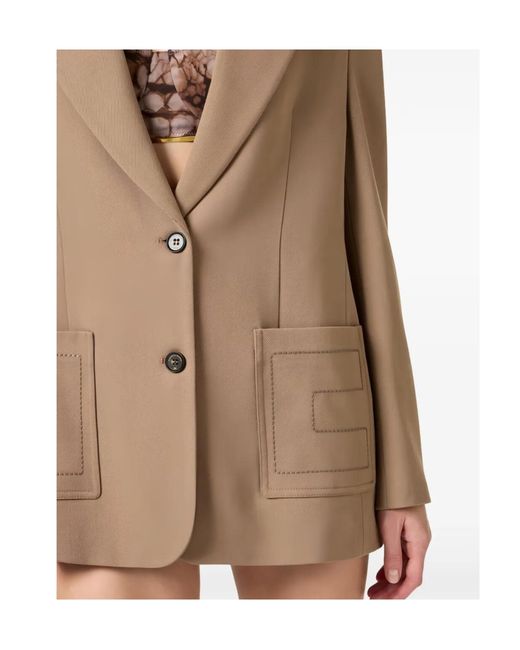 Elisabetta Franchi Natural Single Breasted Logo Thread-Embroidered Blazer