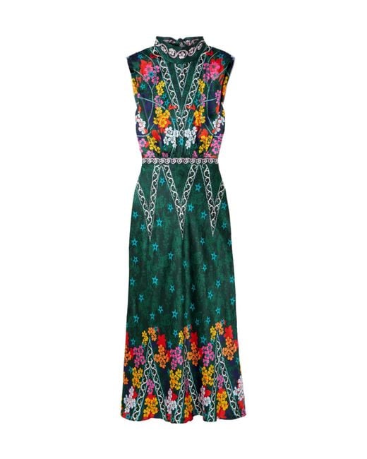 Saloni Green Floral-Print Silk Dress