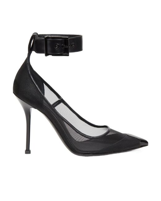 McQueen Black Mesh-Panelled Ankle Buckled Pumps