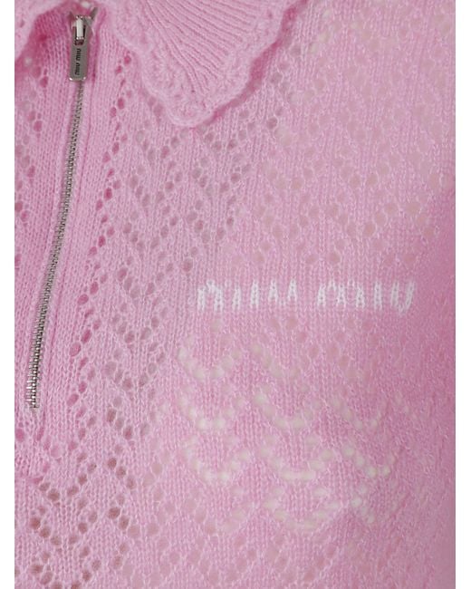 Miu Miu Pink Zipped Knitted Polo Top