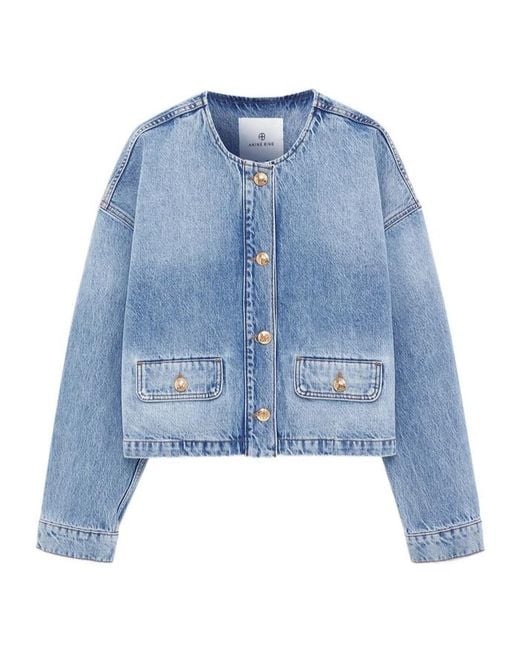 Anine Bing Blue Buttoned Crewneck Denim Jacket