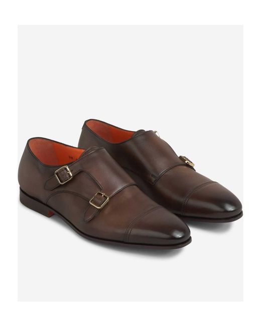 Santoni Brown Double-Buckle Monk Shoes for men