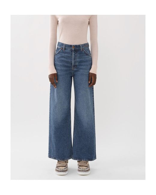 Chloé Blue Chloé Logo Embroidered Wide-Leg Jeans