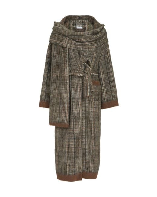 Brunello Cucinelli Gray Mohair And Wool Prince-Of-Wales Double-Knit Coat With Scarf