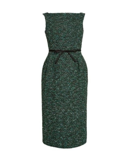 Erdem Green Tweed Belted Sleeveless Dress