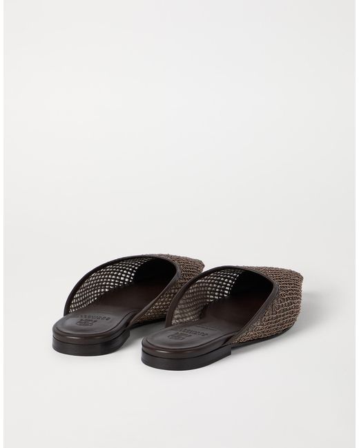 Brunello Cucinelli Brown Square Toe Net-Embroidery Mules