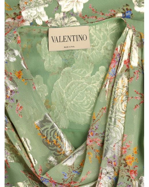 Valentino Green Draped Floral Jacquard Top